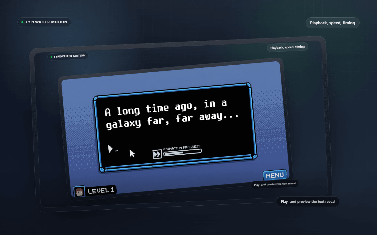 Typewriter motion preview with playback progress plus speed and timing controls