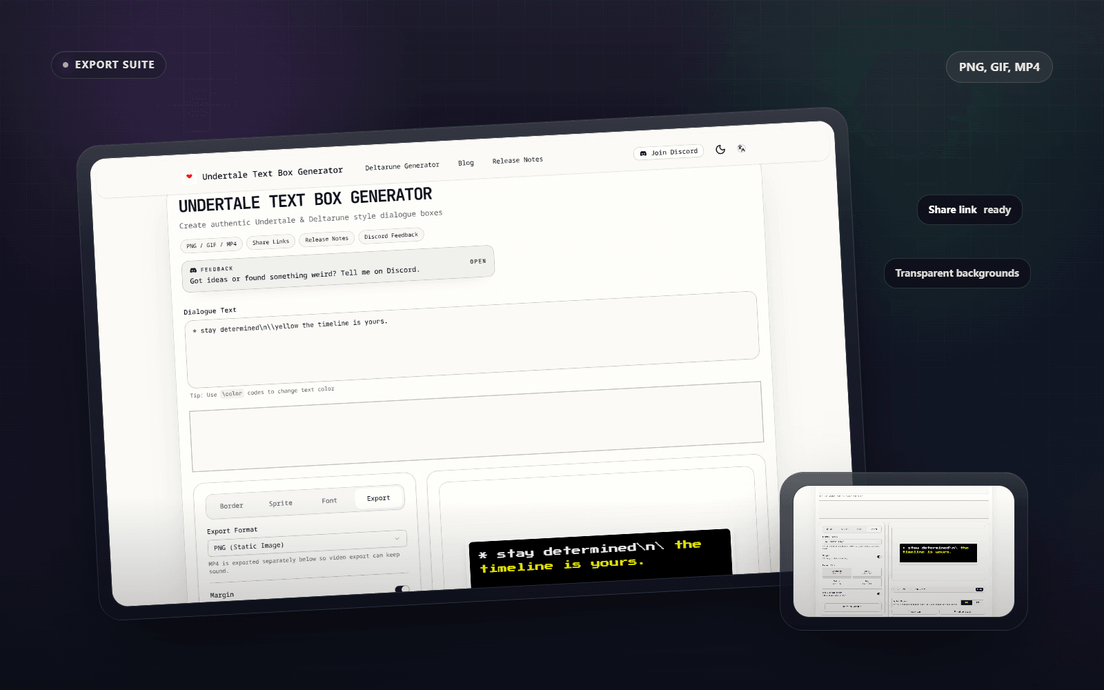 Undertale Text Box Generator export workspace with PNG, GIF, MP4, share link, and transparent background options