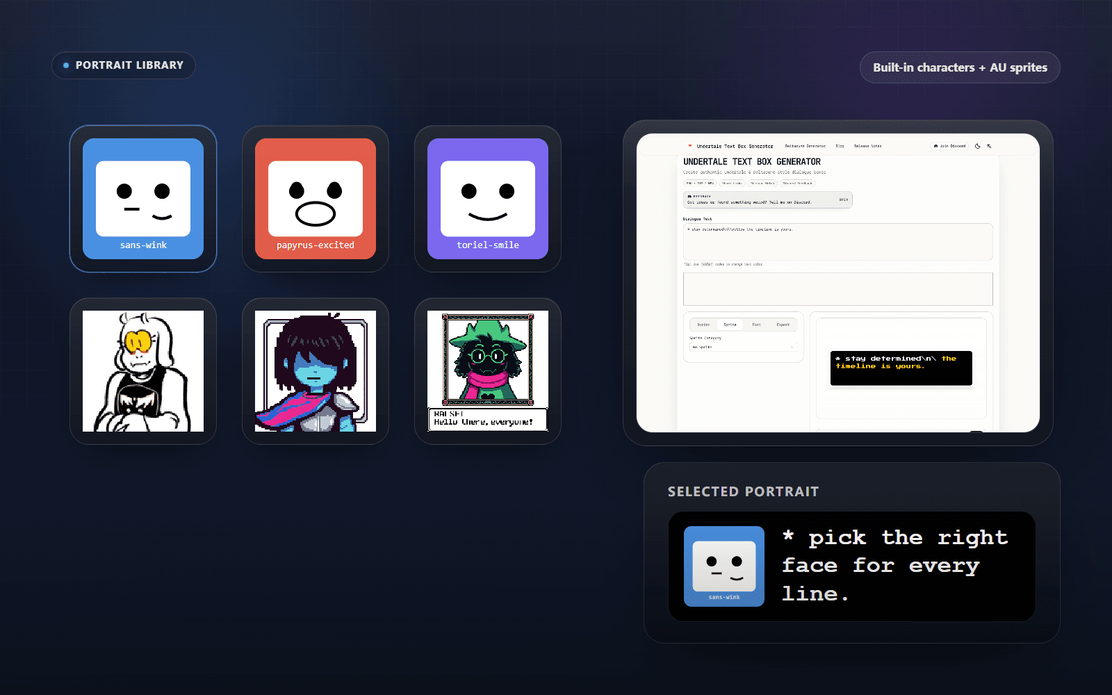 Portrait library showing Sans, Papyrus, Toriel, Deltarune, and AU sprites with a selected portrait preview